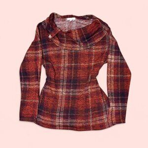 Plaid cowl neck blouse